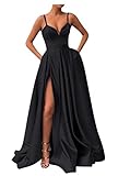 Black Prom Dress 2025 Long Satin Maxi Spaghetti Straps High Slit Formal Dress for Women Ball Gown with Pockets US16