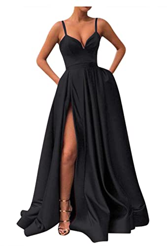 Black Prom Dress 2025 Long Satin Maxi Spaghetti Straps High Slit Formal Dress for Women Ball Gown with Pockets US16