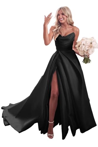 Zepumen Women’s Strapless Satin Prom Dresses Long Wedding Dress A-Line Formal Evening Party Gowns with Slit