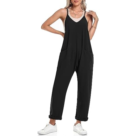 TARSE Jumpsuits for Women Casual V Neck Sleeveless Harem Overalls Stretchy Adjustable Strap Romper with Pockets Black M Cover