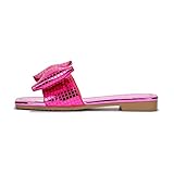 Women's Slip-On Flat Sandals - Square Toe, Disco Ball Metallic Design with Bow Tie, Summer Dressy Sandals (Botania) - Fuchsia Size 8