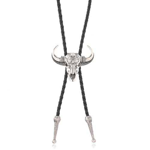 Image of Joxevyia Bolo Tie for Men Vintage Cow Skull Leather Rope Western Cowboy Necktie Vintage Bola Tie Gift for Him