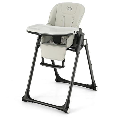 GYMAX High Chairs for Babies and Toddlers, Foldable Highchairs with Adjustable Seat Heights & Backrest & Footrest, Removable Double Trays & Seat Cushion, Baby Feeding Chair with Wheels (Grey)