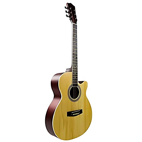 Image of Henrix PRO 40C 40-Inch Wood Cutaway Acoustic Guitar With Dual Action Truss Rod, Gigbag, Picks, String Set, Strap, Cloth & Ebook - Natural