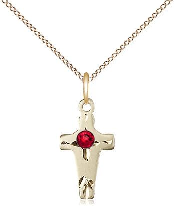 14kt Gold Filled Cross Pendant with a 3mm Faux Ruby Red Austrian Crystal stone on a 18 inch Gold Filled Light Curb Chain.