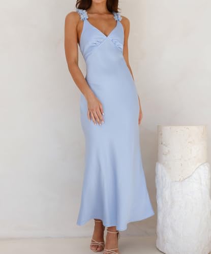 Image of Phicia Summer Satin Spaghetti Strap V Neck Midi Dresses for Women Wedding Guest Elegant Flower Backless Cocktail Formal Dress