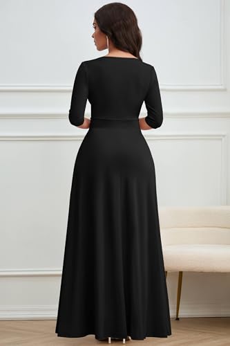 Image of CLOCOR Maxi Dress for Women Long Summer Short Sleeve Evening Formal V Neck A Line Dresses Wedding Guest Empire Waist Elegant