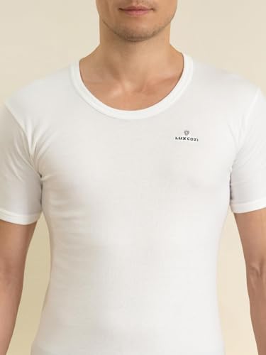 Image of Lux Cozi Men's White Round Neck Half Sleeves 100% Cotton Vest with Extended Length for Easy Tuck (Pack of 5)
