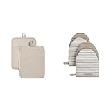 KitchenAid Ribbed Soft Silicone Water Resistant Pot Holder Set, Milkshake, 2 Piece Set, 7'x9' & Albany Mini Oven Mitt 2-Pack Set, Milkshake Tan, 5.5'x8'