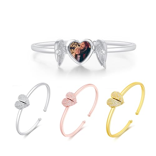 Bracelet personnalisé photo cœur avec ailes d'ange zircon, bijou commémoratif argent femme