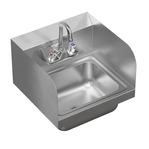 Image of 15 in. x 15 3 /4 in. NSF Certified Stainless Steel Hand Sink with Side Splash Guards- Commercial Wall Mount Hand Basin with Faucet. Ideal for Restaurants, Bars, Kitchens, and Stores