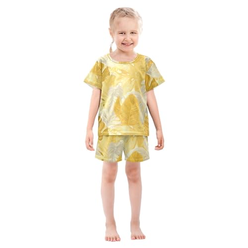 ALAZA Yellow Gold Palm Leaves Pajamas Short Sleeve 2 Piece Sleepwear Top and Bottom Pajama Set Unisex3