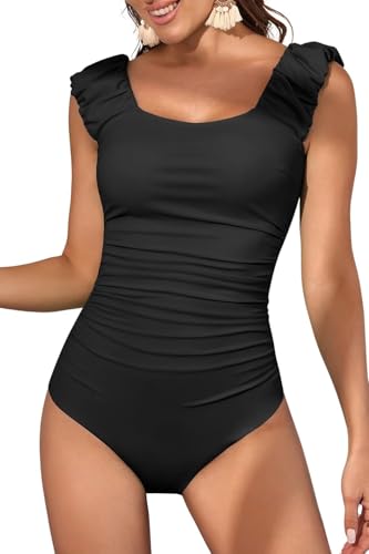 Eomenie Womens One Piece Swimsuits Puffy Sleeves Tummy Control Bathing Suit Tie Back Swimwear