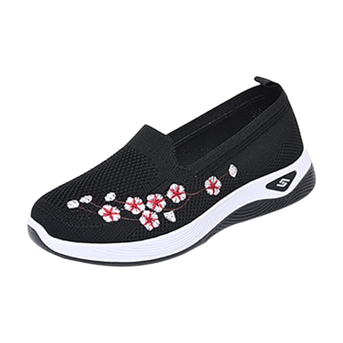 Zapatillas Ortopédicas Ponibles De Corte Bajo con Anchura Extra Y Cuña Malla Bordada Antideslizante con Soporte De Arco, para Mujeres Mayores(Black, 39)
