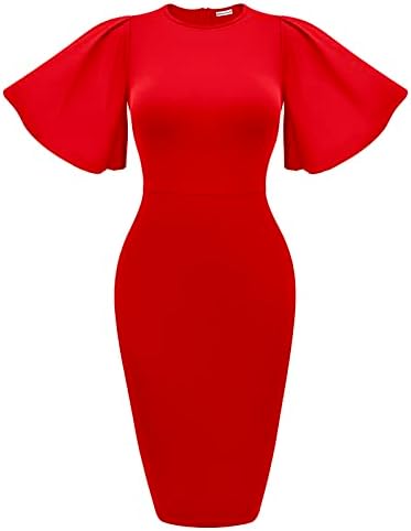 Memoriesea Women's Basic Bodycon Ruffle Flared Short Sleeve Pencil Midi Dress Red