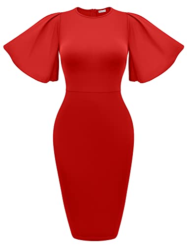 Memoriesea Women's Basic Bodycon Ruffle Flared Short Sleeve Pencil Midi Dress Red #TOP16