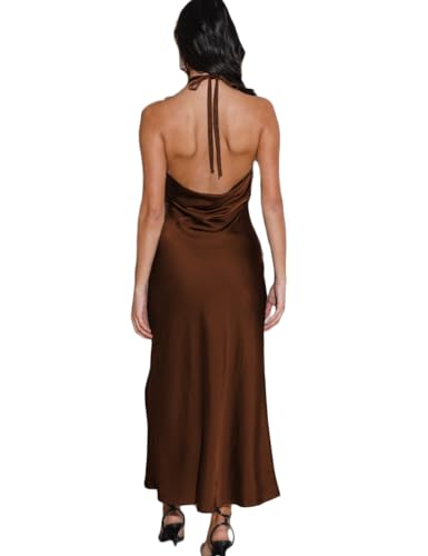 Image of 2026 Summer Satin Halter Neck Backless Slit Midi Dresses Elegant Cowl Back Ruched Wedding Guest Maxi Dress for Women Brown