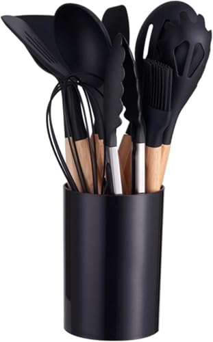 MLTUN MAKAN キッチン用品 シリコン製調理器具 キッチンツールセット 耐熱性 シリコン製 木製ハンドル 調理用ヘラ スプーン ブラシ 卵泡立て器 収納ボックス付き 調理用ノンスティック鍋 収納バケツ 木製ハンドル シリコン製キッチン用品 (ブラッ