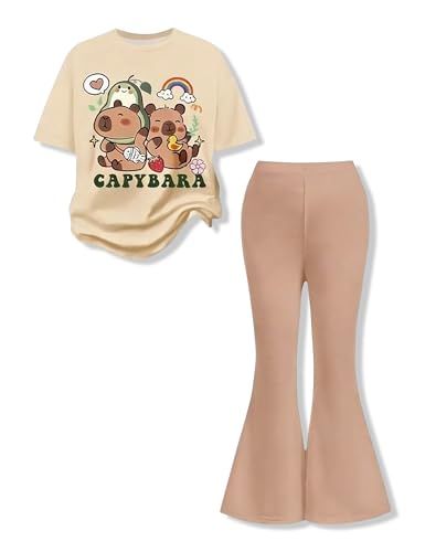 Image of Ayzozuy Tween Girls 2 Piece Outfits Short Sleeve Cartoon Graphic T-Shirt & Flared Pants Kids Clothing Set Size 8-13 Years