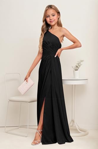 Black Junior Bridesmaid Dresses One Shoulder Chiffon Flower Girl Dress for Wedding Long Party Pageant Gowns Size 122