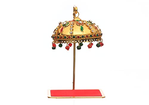 Image of Metal Umbrella Chhatra with Hanging Crystals - Decorative Chatri for God Idol, Car Dashboard, Office Desk, Table, Or Home Temple - M 55