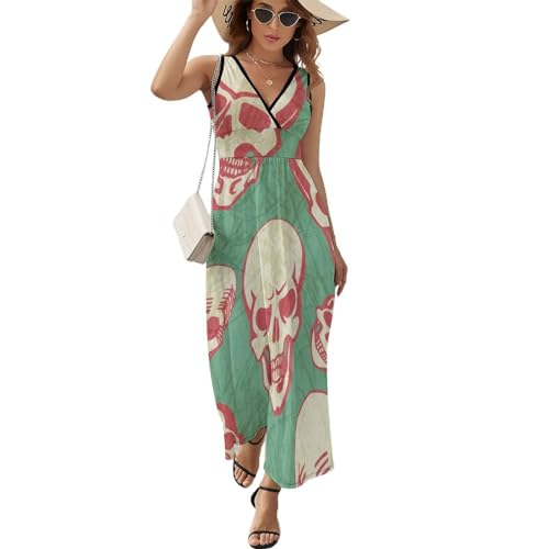 Robe longue imprimé crâne rouge au col V élégant et coupe fluide sans manches