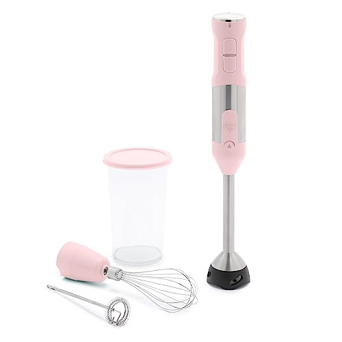 GreenLife - 500W Immersion Handheld Electric Blender with Stainless Steel Blades, Whisk, Frother, Measuring Cup and Lid, Soups, Puree, Cake, Multi-speed Control,
