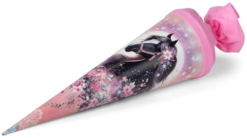 goldbuch 93 141 Geschwistertüte Luna, Schultüte mit Pferde-Motiv, Lackkarton, Geschenkverpackung mit rosanem Filzverschluss (ohne Verschlussband), Zuckertüte rund, Länge 35 cm, Ø 11,5 cm, Rosa