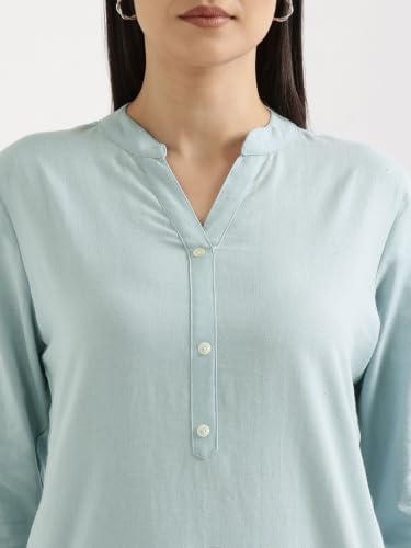 Image of SAADAA Women Airy Linen Long Kurta | Mandarin Collar 3 /4th Sleeve Kurta | Regular Fit Ethnic Wear for Women | Casual, Festive & Office Wear