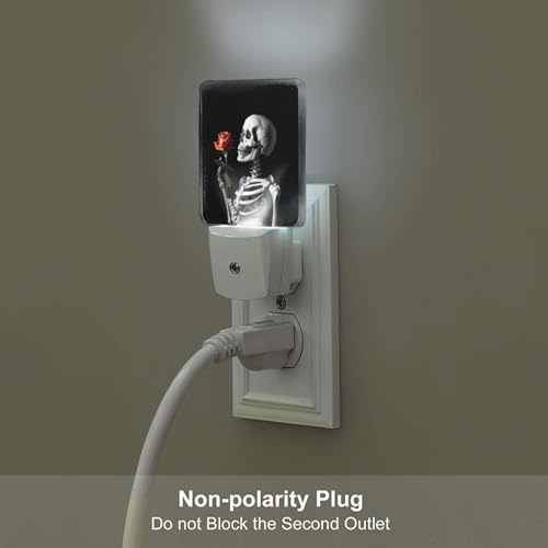 Image of Skull Skeleton Red Rose Night Light Set of 2, Rock and Roll Auto Sensor LED Dusk-to-Dawn Nightlights, Plug-in Sensor Lamp for Bedroom Bathroom Kitchen Hallway Stairs Decorative