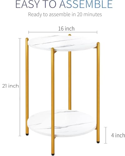 Image of Round End Table 2-Tier Side End Table with White Marble Top,Bedside Table for Living Room or Bedroom, Modern Accent Table with Metal Frame (Gold & White)