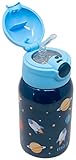 MIRA 15 oz Kids Stainless Steel Water Bottle - Thermos Insulated Flask Keeps Cold - One Touch Straw Lid Cap, Blue - Planets