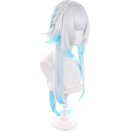 Image of Anime White Gradient Blue Wigs with Bangs Women Long Straight Wig with Braids and Ponytail Cery Adult COS Game Empress Wigs Halloween,Christmas,Comic con,Game Show,Party
