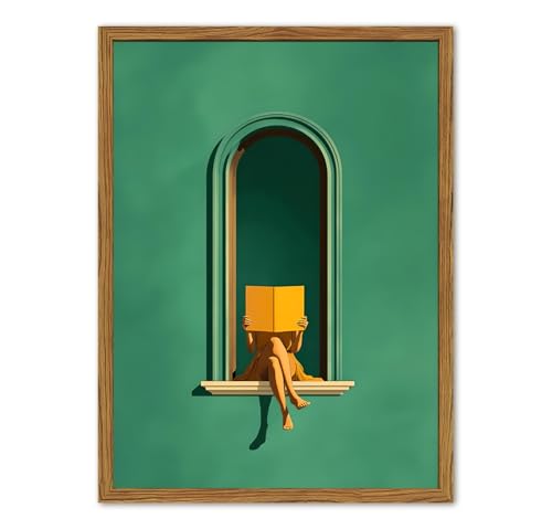 Framed Woman Reading Book Wall Art, Minimalist Emerald Green Window Pictures Wall Decor, Girly Coquette Dopamine Aesthetic Paintings Canvas Prints for Living Room Bedroom Library Nook 12x16 Inch