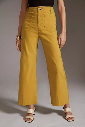 Miduo Womens Pants 2024 Casual Button High Waisted Cropped Capris Wide Leg Straight Leg Pants With Pockets Yellow 27 thumb #1