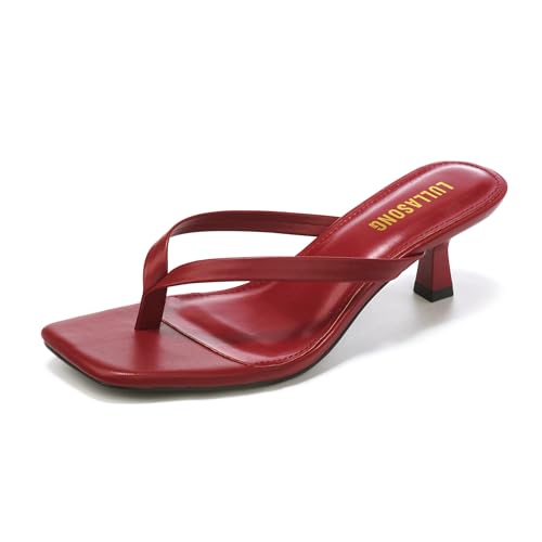 LULLASONG Womens Red Kitten Heels Thong Sandals Square Open Toe Flip Flop Heels 1.8-2 Inch Heeled Sandals for Women