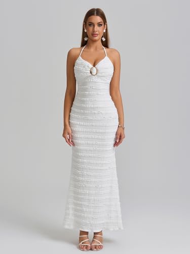 HTZMO Women Elegant Summer Casual Bodycon Maxi Dress Sexy V Neck Halter Ruffle Wedding Guest Formal Long Dresses4