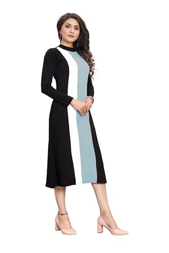 Image of LONDON BELLY Women's Poly Cotton Maxi Dress with 3 /4 Sleeves Round Boat Neck Striped Pattern Regular Fit and Calf Length | Womens Maxi Dress Cotton | Stylish Trending Dresses for Woman