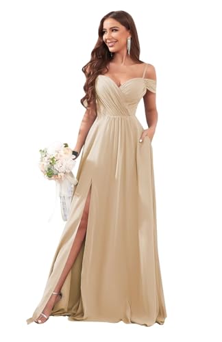 Image of Sukleet Women's Off Shoulder Bridesmaid Dresses Long Slit Chiffon Pleated Evening Formal Dress with Pockets