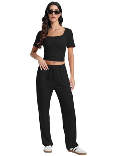 Women's 2 Piece Set Summer Outfits I Lounge Sets Short Sleeve Tops I High Waisted Wide Leg Pants Tracksuit Sets2