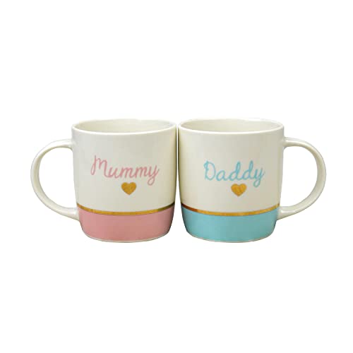 YöL Mummy & Daddy Mugs Set Baby Shower New Parents Newborn Gift New Bone China 12oz Celebration Home Kitchen Pink Blue Gold Foil Design