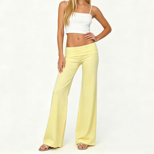 Image of Lounge Yoga Pants for Women Fold Over Low Waist Wide Leg Bell Bottoms | Y2K Foldover Pants, Flare Leggings, Low Rise Yoga Sweatpants