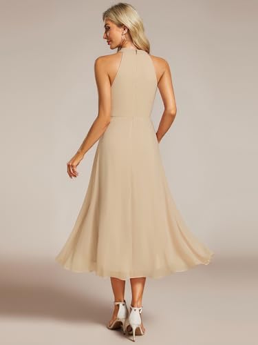 Image of Ever-Pretty Women's Halter Chiffon Midi Cocktail Wedding Guest Dress | High Low, Pleated, Summer Semi Formal Dress, Mother of the Bride Dress