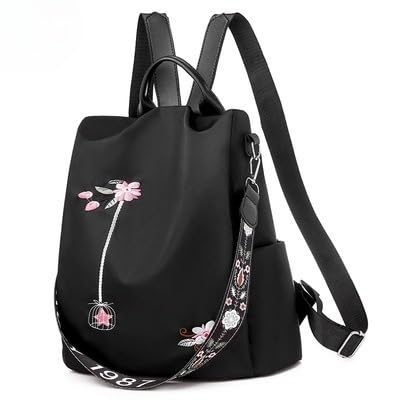 Mochila Feminina Antirroubo de Nylon Impermeável com Bordado, Estilo Casual, Bolsa de Ombro e Mão, Grande Capacidade (011-Motivo de flores)