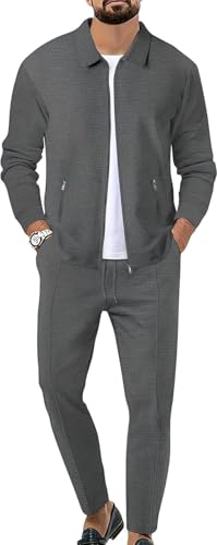 Men's Long Sleeve Zipper Sweatshirt Set Waffle Tracksuit 2 Pieces Suit Sets Spring Casual Buisness Golf Outfits