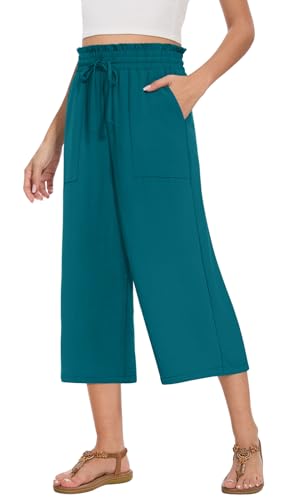 Womens Capri Pants Summer Wide Leg High Waisted Pants Drawstring Casual Trousers with Pockets (Blue Green, S)2