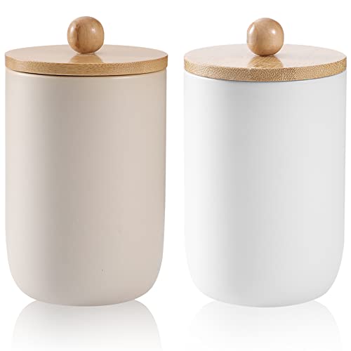 JiatuA Qtip Holder Dispenser with Bamboo Lids, Matte Ceramic Apothecary Jar Containers Cotton Ball Holder for Vanity Makeup Organizer Bathroom Canister Storage Farmhouse Decor, Apricot White 2 Pack