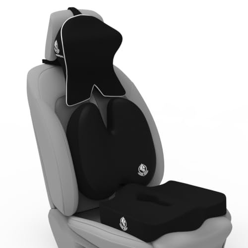 Image of MRRON Memory Foam Posture Corrector Car Seat Cushions Combo | Orthopedic Backrest, Coccyx Cushion & Neckrest | Ergonomic Lumbar Comfort Seat Cushion | Reduces Sciatica (Black, Backpro)