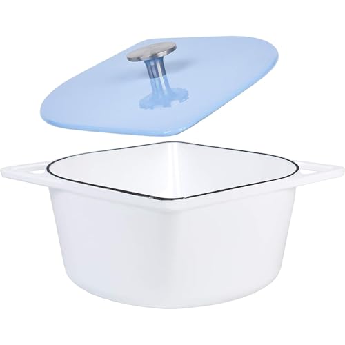 Bruntmor 5 Quart Cast Iron Enameled Dutch Oven - Modern Squoval Design - Nonstick Seasoned Pot with Stainless Steel Knob - Ideal for Dinner - White with Blue Lid