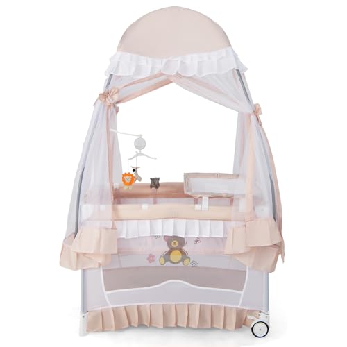 GOPLUS Cuna de Viaje Plegable, Cuna Bebe Portátil con Juguetes & Mosquitera & Música, Cuna para Bebé con Cambiador Desmontable, Cuna Convertible con Bolsa de Transporte, para 0-36 Meses (Gris) (Rosa)